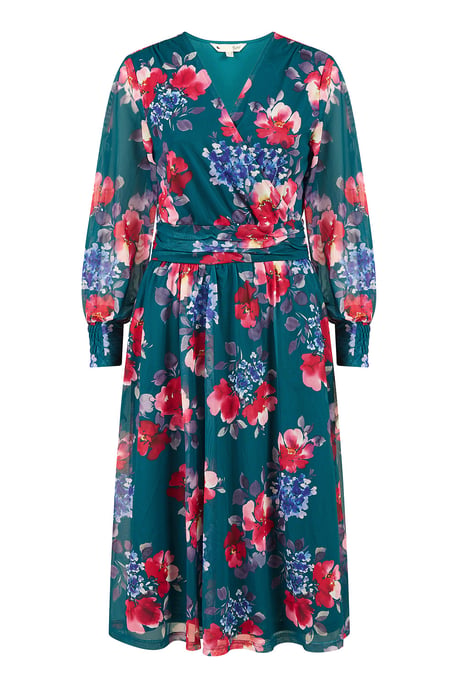 Green Floral Print Stretch Mesh Dress With Pockets
