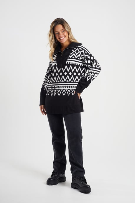 Black Oversized Zip Neck Knitted Pattern Jumper