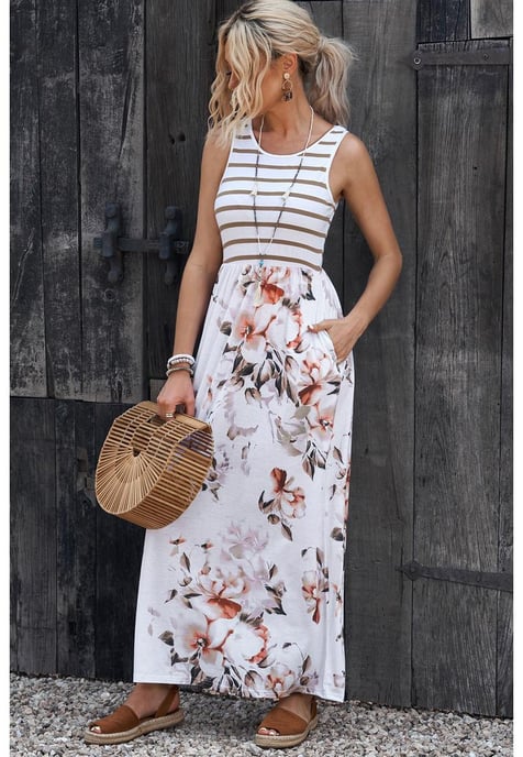 Vestido Maxi Sin Mangas de Print Floral para Mujeres con Bolsillo en Blanco - Image 3