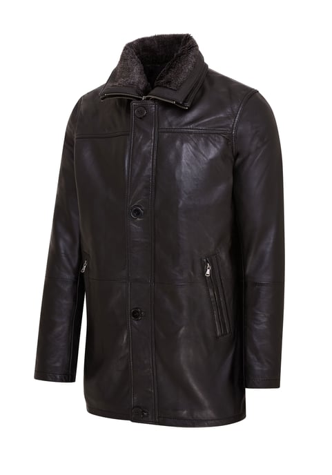 Mens Black Mid-Length Warm Leather Trench Coat - Varkaus
