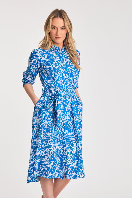 Blue Floral Print Short Sleeve Midi Shirt Dress - Image 6