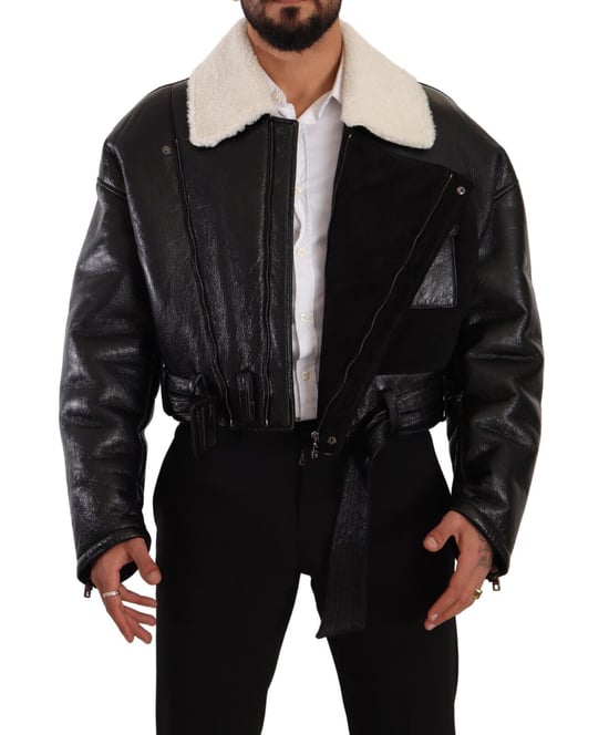 Abrigo de motociclista de cuero negro con forro de piel de oveja para hombre de Dolce & Gabbana - Image 6