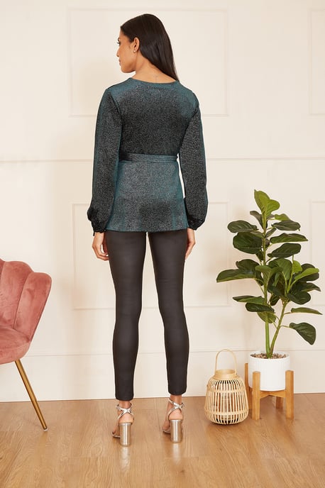 Green Sparkle Velvet Wrap Top With Long Sleeves