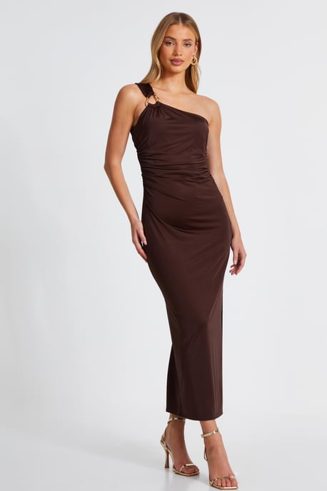 Brown One Shoulder Midaxi Dress