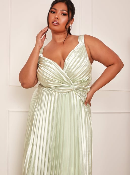 Plus Size Satin Pleated Wrap Maxi Dress in Mint