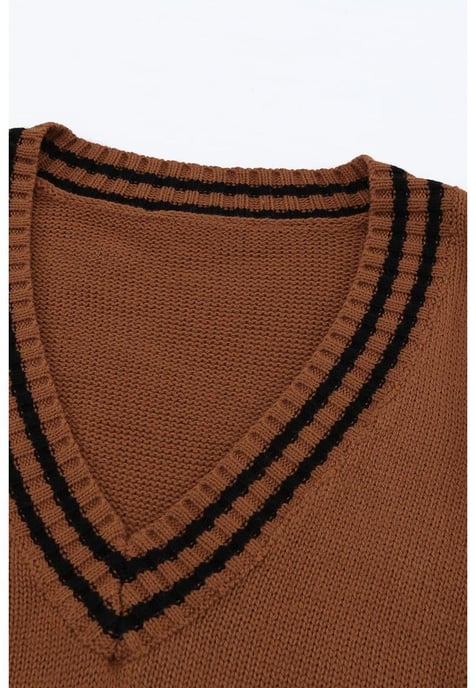 Azura Exchange Women's Contrast Stripes V Neck Short Sleeve Sweater in Brown - Image 5