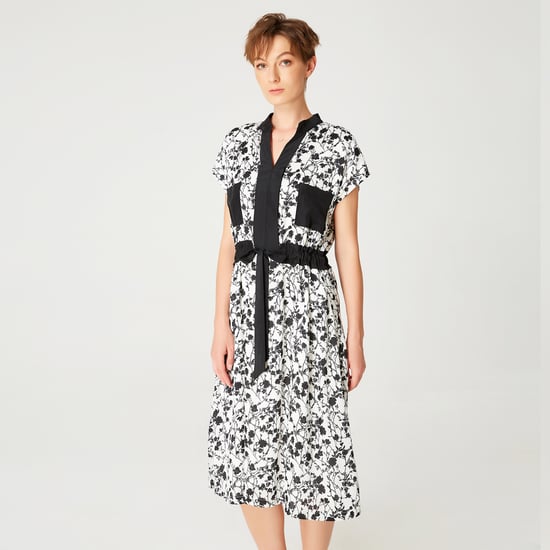 Robe bi matière à imprimé floral monochrome et ceinture à coulisse - Image 2