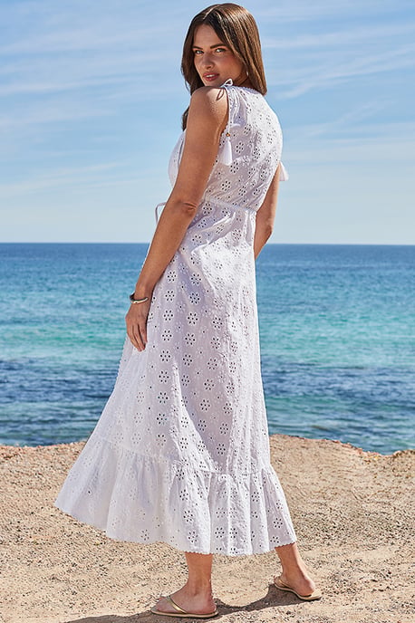 Ivory Broderie Longline Tie Waist Beach Kaftan