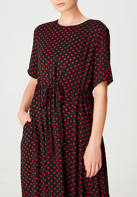 Midi tunic dress with drawstring belt and polka dot print