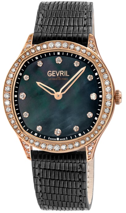 Gevril Women's Morcote Swiss Diamond Black MOP, Genuine Italian Leather Watch