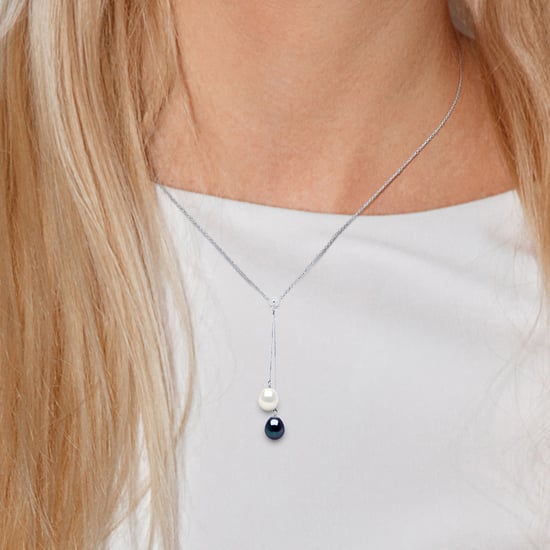 DIADEMA - Necklace You & Me - 2 Real Freshwater Pearls - Black and White - White Gold