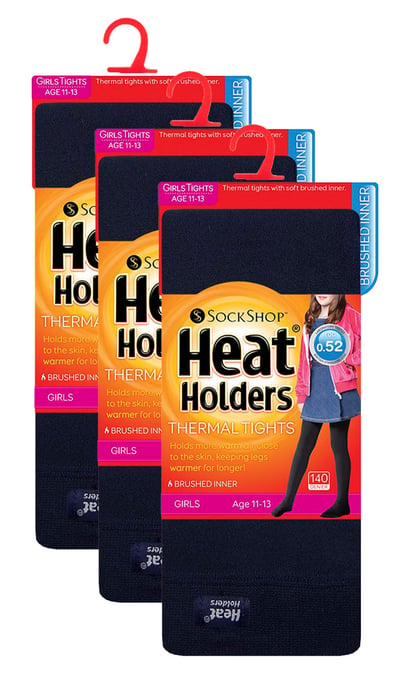 3 Pair Multipack Girls Thermal Tights for Winter | Heat Holders | Kids Fleece Insulated Opaque Tights - Navy - Image 2