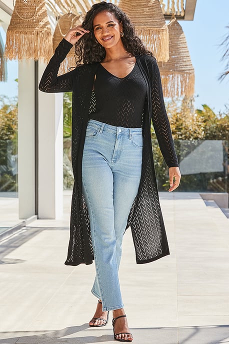 Black Chevron Knit Pointelle Cardigan