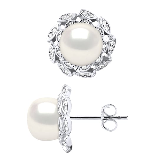 Stud Earrings FLOWER Beads Freshwater 8-9mm White Button Jewelery 925