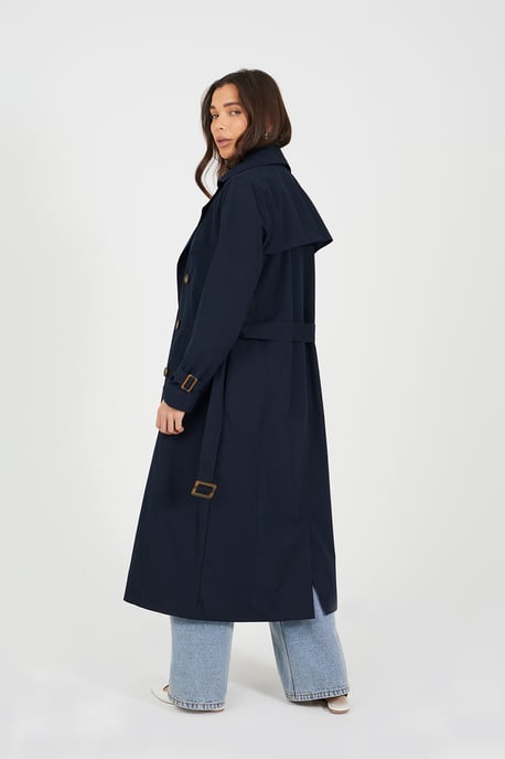 Navy Double-Breasted Longline Trench Coat With Detachable Hood - Image 2