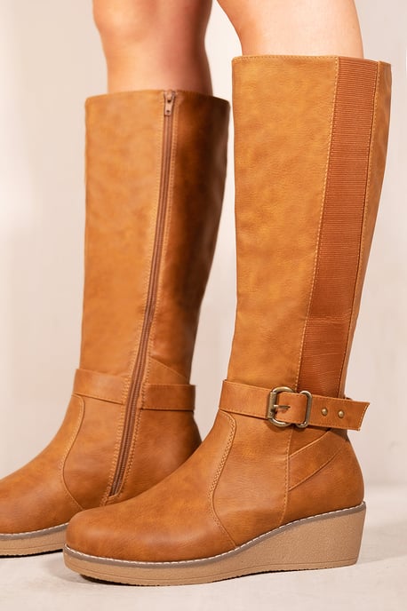 Where's That From Womens 'Ayleen' Wedge Heel Knee High Boots With Elastic Panel In Tan Brown Faux Leather