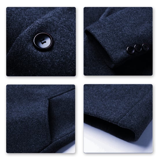 Men's Long Slim Fit Winter Warm Business Wool Coat Blue
