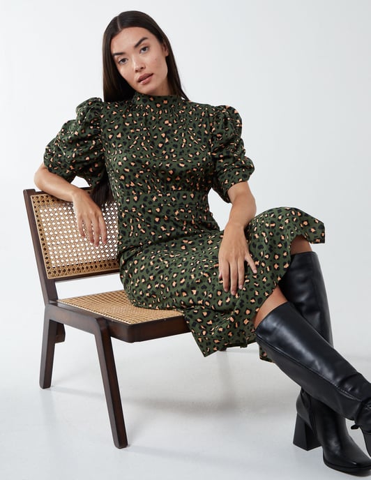Leopard Print Ruched Side Midi Dress