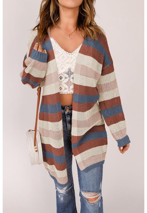 Cardigan de punto hueco con bloques de color para mujer en azul - Image 5