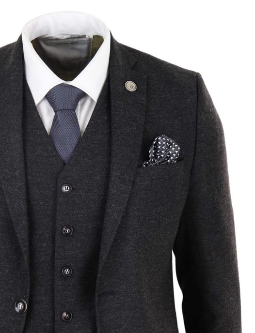Traje retro vintage de tweed de lana negro de 3 piezas para hombre - Image 4
