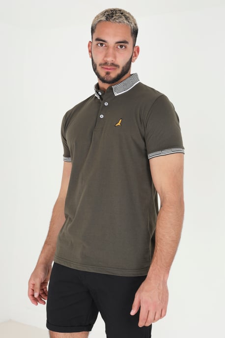 Khaki 'Glover' Short Sleeve Jacquard Collar Jersey Polo Shirt