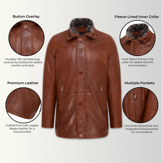 Mens Tan Mid-Length Warm Leather Trench Coat - Varkaus