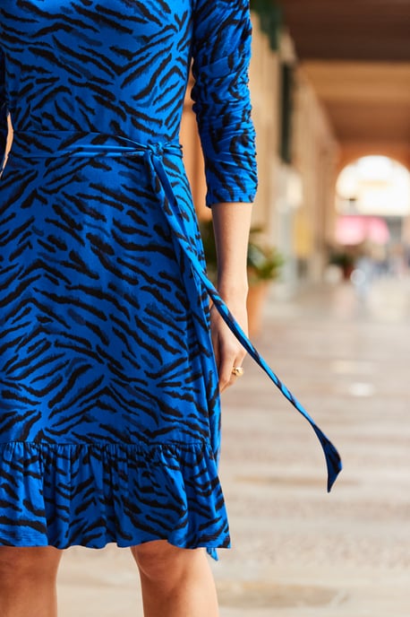 Blue & Black Animal Print High Neck Belted Dress
