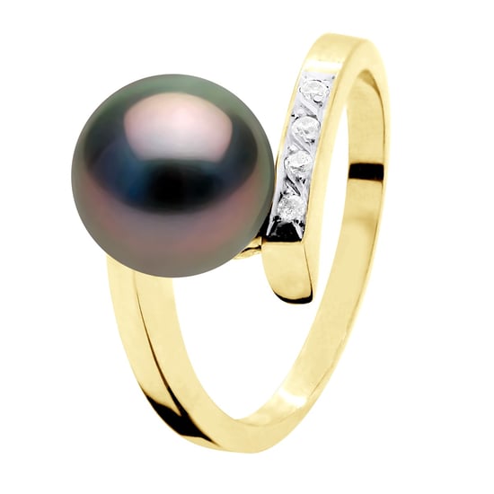 Ring Jewelry Diamond 0,04 Cts Yellow Gold - Real Cultured Tahiti Pearl Round 8-9 mm - Image 1