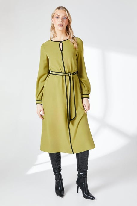 Premium Contrast Piping Belted Midi Dress