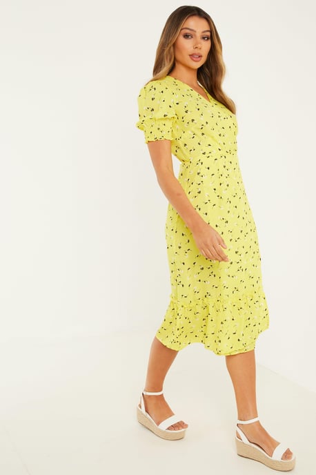 Yellow Floral Wrap Midi Dress