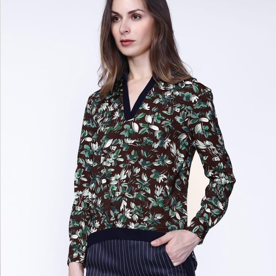 Satin col-v blouse and leaves print - Image 1
