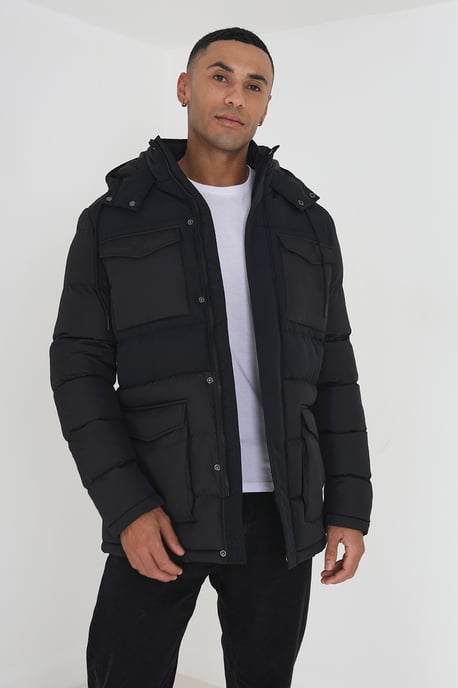 Black 'Windsurf' Mixed Fabric Hooded Puffer Parka Jacket
