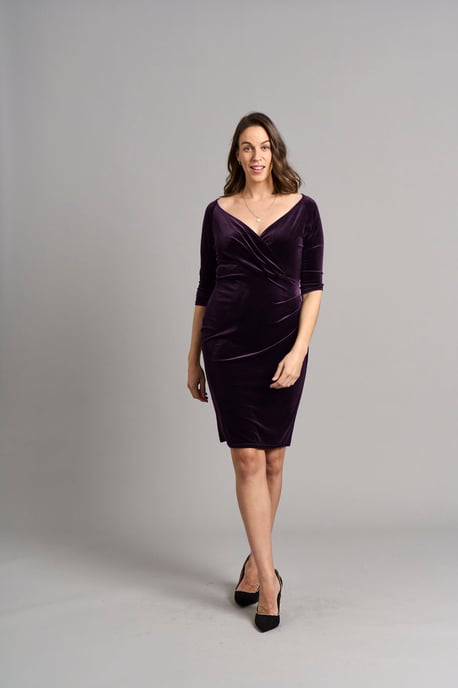 Amber Bardot Bodycon Velvet Dress - Plum