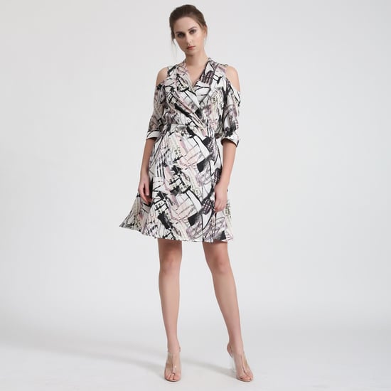 Geometrical Print Bat Sleeves Wrap Effect Dress - Image 1