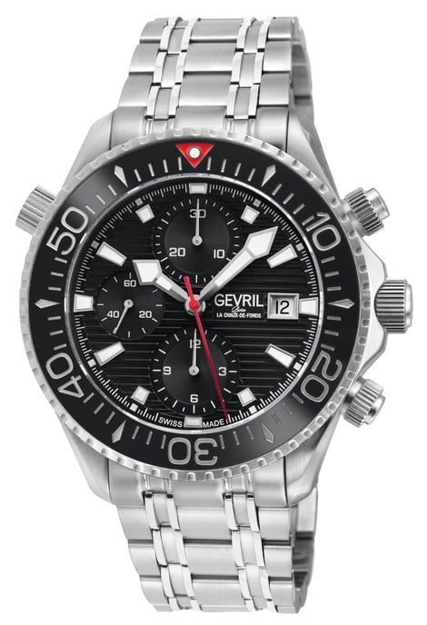 Gevril Men's Hudson Yards Chronograph Swiss Automatic, 316L Stainless Steel Case, Black Enamel Dial,316L Stainless Steel Bracelet Watch.