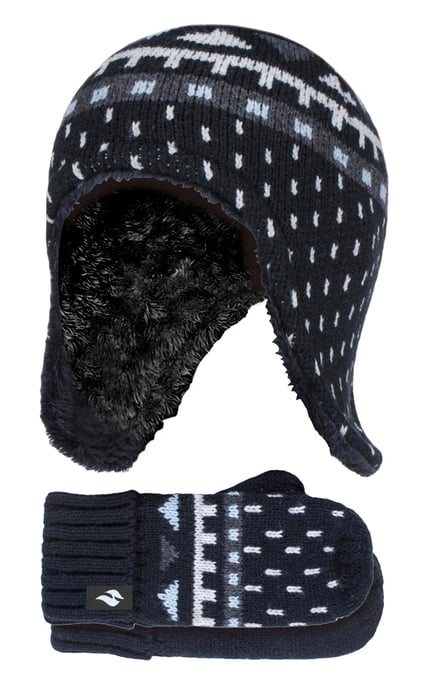 Calentadores - Niños al aire libre de imitación de piel Pom Pom Sombrero con orejeras y guantes Mittens - Negro - Image 1