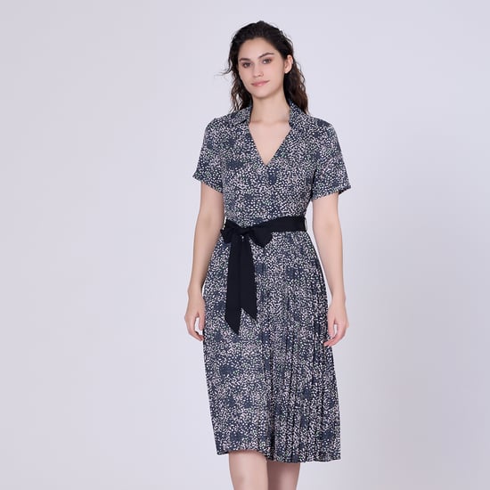 Pleats printed tea dress and added belt