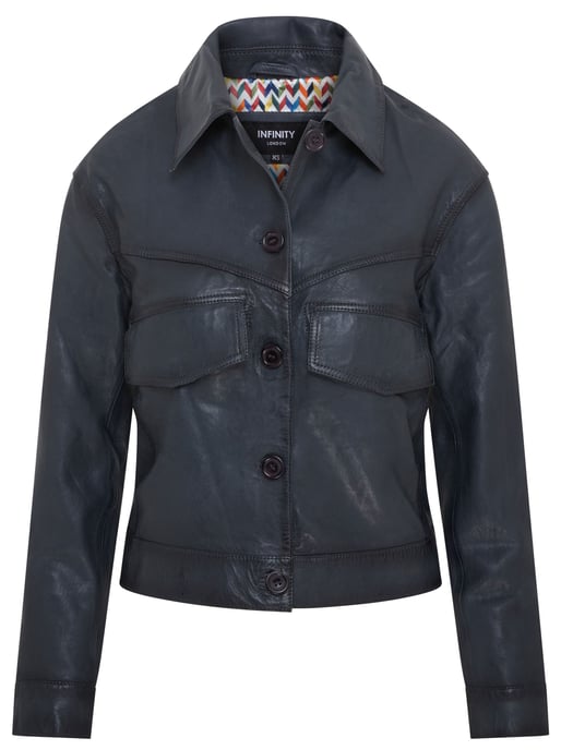 Womens Navy Retro Biker Leather Jacket - Kopervik