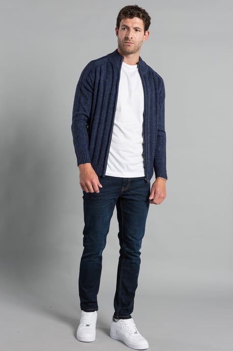 Navy Zip-Through Funnel Neck Ribbed Cardigan