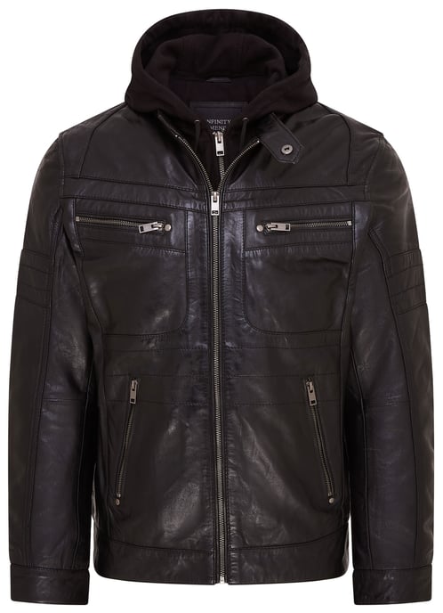 Mens Black Hooded Leather Biker Jacket - Stavern
