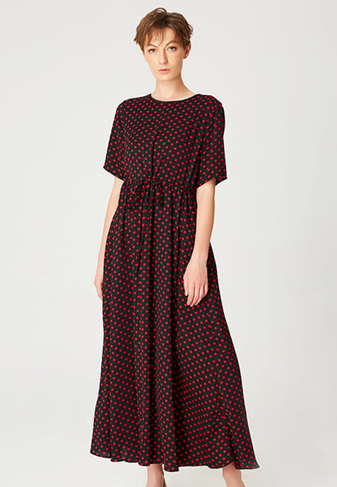 Midi tunic dress with drawstring belt and polka dot print