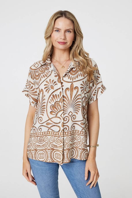 Beige Printed Button Down Short Sleeve Shirt