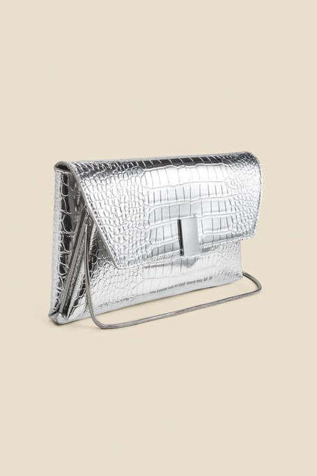 Silver Metallic Croc Clutch Bag With Clasp