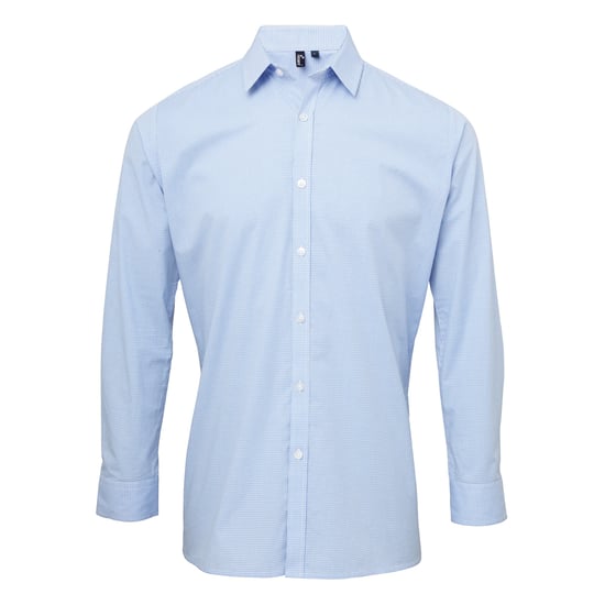 Premier Mens Microcheck Long Sleeve Shirt (Light Blue/White) - Image 1