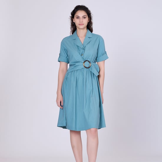 Shirt dress with asymmetric belt panel