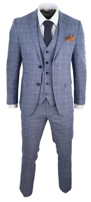 Traje retro vintage de tweed azul y gris de 3 piezas para hombre - Image 5