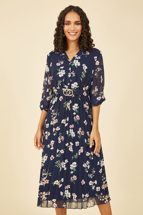 Mela Navy Floral Print Midi Dress With Gold Buckle Belt Detail