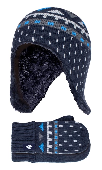 Calentadores - Niños al aire libre de imitación de piel Pom Pom Sombrero con orejeras y guantes Mittens - Azul marino - Image 1