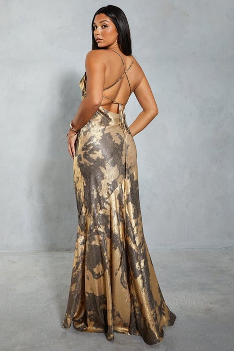 Metallic Print Fishtail Maxi Slip Dress
