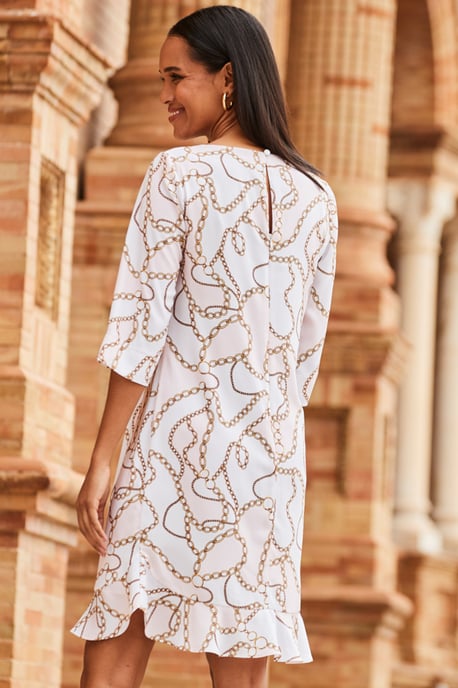 Ivory & Pink Chain Print Ruffle Hem Shift Dress